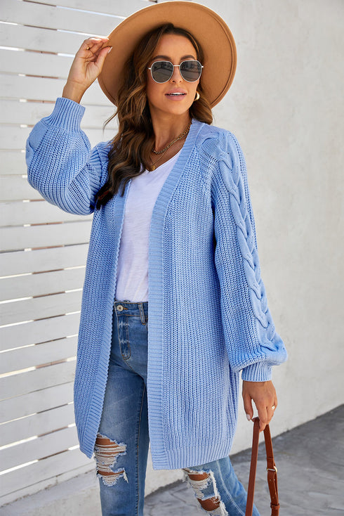 Open Front Cable Sleeve Long Cardigan